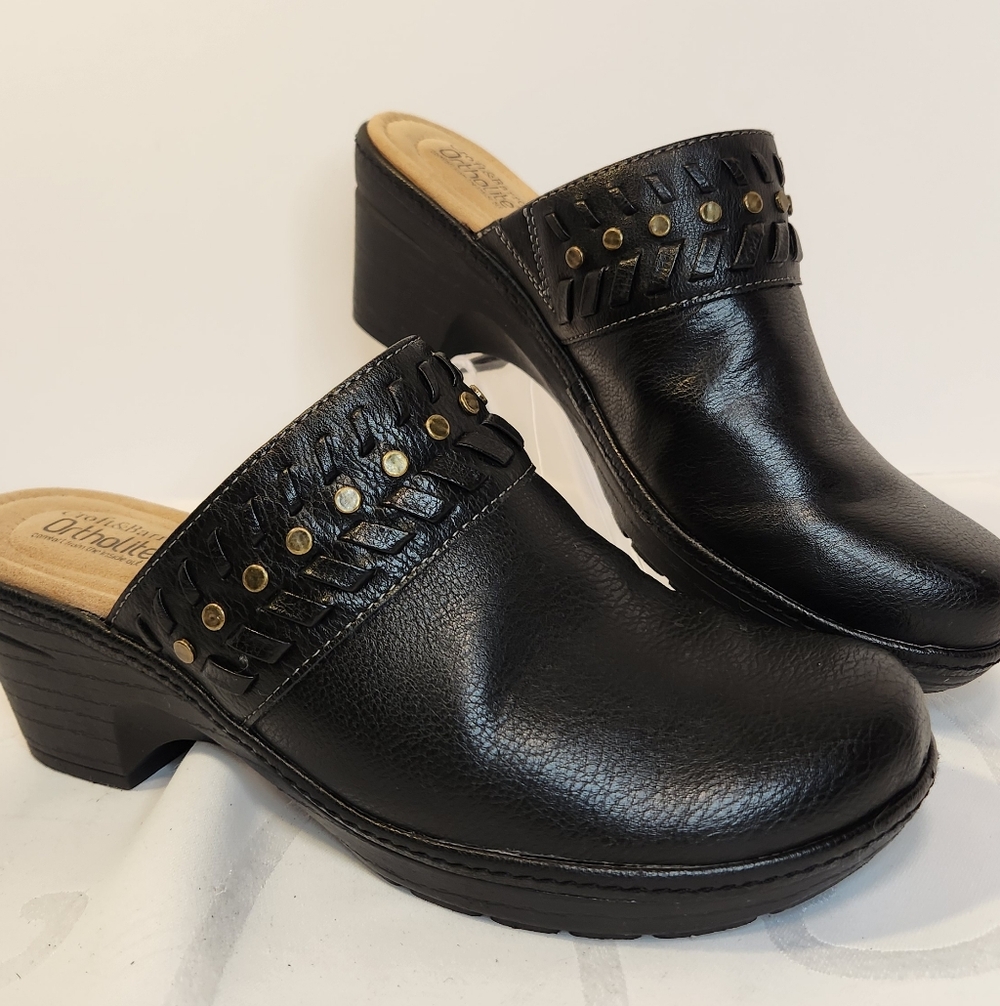 Croft & Barrow Ortholite Black Faux Leather Mules with Gold Studs Size 9